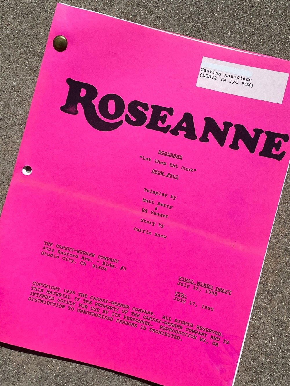 Roseanne Vtg 1995 Production Used Final Draft Script Let Them Eat Junk OREO JOKE